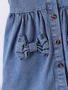 Girls' Denim Collar Ruffle Sleeve Button Down Dress, Baby GirlCute Dual Bow Pocket Decor Denim Skirt - Medium Wash - View 5