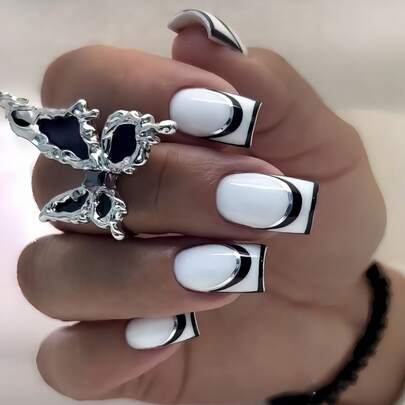 24 Pieces Black And White French V-Shaped Wearable Armor Press On Nails Fake Nails Nail Supplies Y2k Nails Nails Square Nail Art