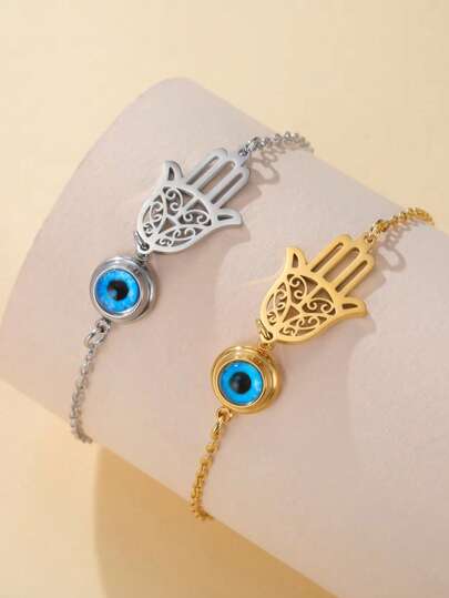 Vòng tay hình mắt quỷ màu xanh dương, biểu tượng bàn tay Hamsa của Fatima, dành cho nam và nữ, làm bằng thép không gỉ, trang sức may mắn theo đạo Hồi, quà tặng.