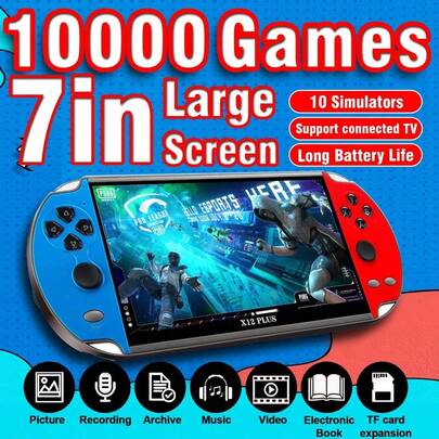 1pc 7-Inch HD Eye-Protective Handheld Game Console, Built-In Professional Game Chip, Supports 10 Emulators And 10,000+ Classic Retro Games, Downloadable, Dual Joysticks With Non-Slip Grip And Crystal Buttons, TV Output, Long Battery Life, Multifunctional Portable Gaming Device, Supports Video Playback/Music/E-Books/Recording/Photo Browsing/Saving/TF Card Expansion