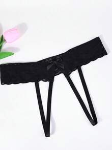 1pc Lace Hollow Sexy G-String Panties With Bow Tie, Low-Waist Seductive Lingerie - Black - View 14