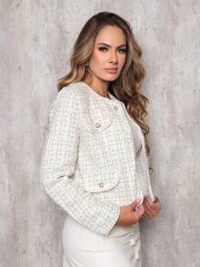 Women's Cropped Tweed Plaid Jacket - Elegant Formal Wear - 白色 - 查看 2