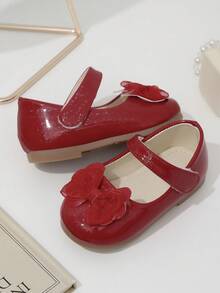 女童红色漆皮亮片魔术贴蝴蝶结玛丽珍平底鞋，软底公主裙鞋 - 紅色 - 查看 8