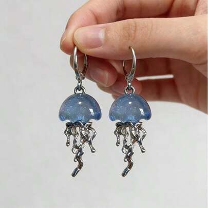 Cute Blue Jellyfish Ocean Pendant Earrings For Women Girls Unique Aesthetic Charm 2000s Harajuku EMO Vintage Jewelry Accessories