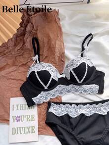 Belle Étoile Sexy Lace Lingerie For Women, Small Chest, Gathered Thin Style, Lift-Up, Anti-Sagging, Wireless, Bow Bra Set - màu đen - Xem 1