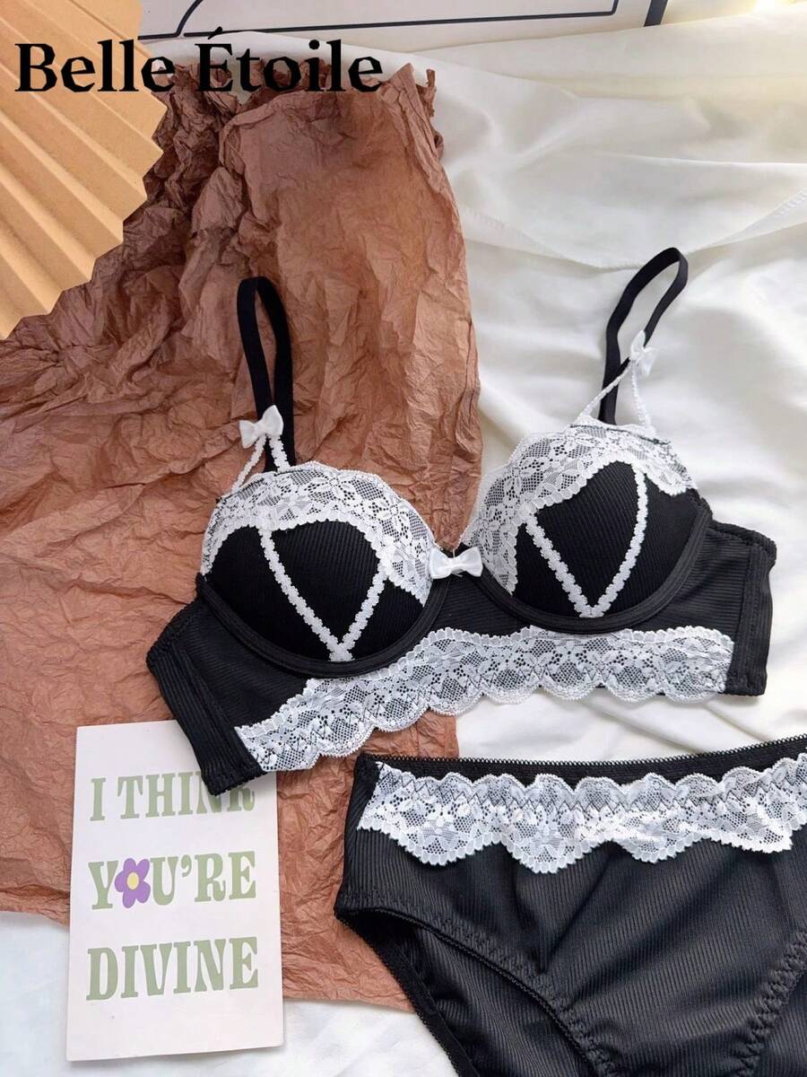 Belle Étoile Sexy Lace Lingerie For Women, Small Chest, Gathered Thin Style, Lift-Up, Anti-Sagging, Wireless, Bow Bra Set - màu đen - Xem 1