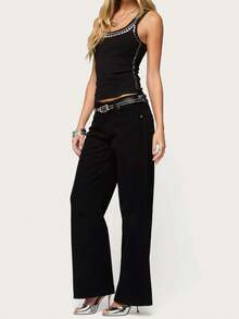 Women Y2K Studded Tank Top Silver Rivets Trim Crop Top Sleeveless Going Out Tops Streetwear - màu đen - Xem 6