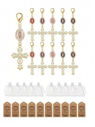 12pcs/4sets Alloy Cross Keychain Gift Set, Including (4 Keychains + 4 Cards + 4 Pouches) With Pearl Pendant, DIY Decorative Faith Keychain, Cross Pendant Pouch Accessories, Decorative Wallet And Backpack Accessories, Inspirational Souvenirs For School And Church, Suitable For Wedding, Birthday Party Decor And Gifts, Bridesmaid Gifts, Graduation, Thanksgiving, Christmas Gifts, Communion Favors, Holiday Party Gifts