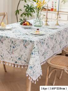 1pc Spring/Summer Fresh Sage Green Floral & Bamboo Tassel Tablecloth, Farmhouse Style Rectangular Dining Table Cover, Washable For Home Kitchen, Dinner Party, Picnic, Date, Wedding, Theme Party, Indoor/Outdoor Use - Sage Green - View 25