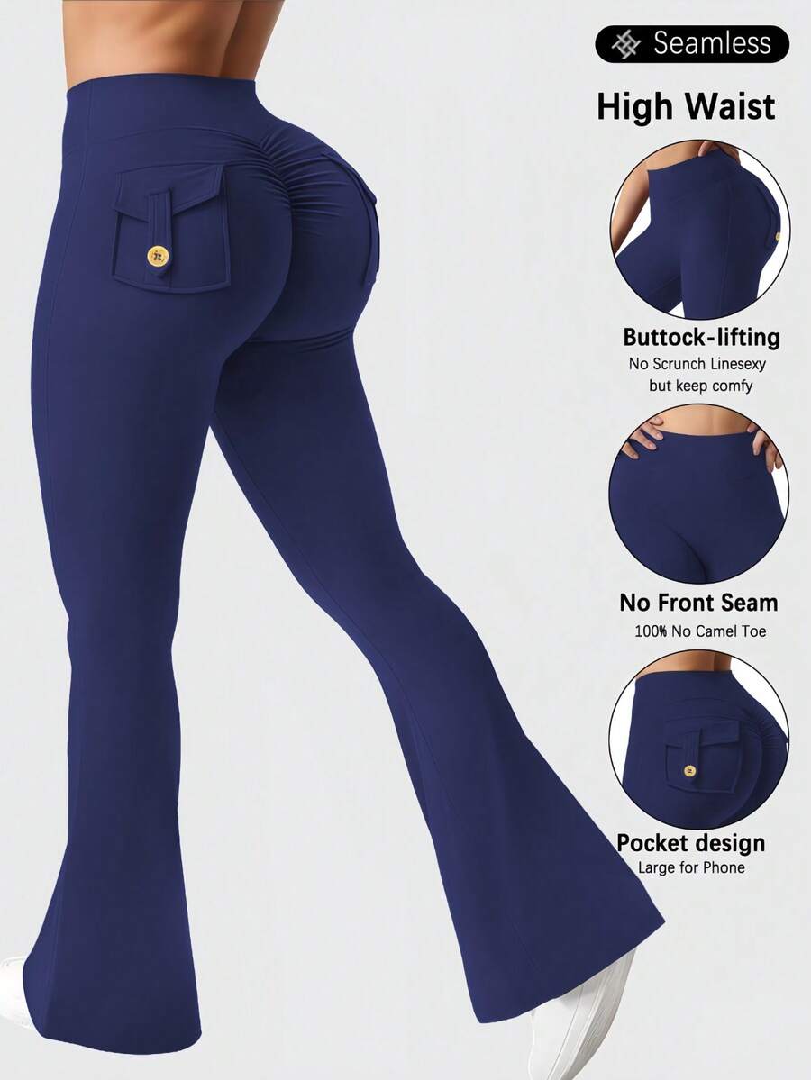 Women's Outdoor Pocket Bell Bottom Pants, Women's Tight Sports Yoga Pants, Casual Multi-Functional Solid Color Slim Fitting Work Pants, Hip Lifting Pants, Women's Classic Casual Sports Spring And Summer Styles - 藍色 - 查看 1