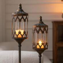 Vintage Mental Floor Standing Candle Holder Indoor,Windproof Glass Lantern Candlestick Holder Outdoor,2 Heights Candle Holder For Living Room, Garden, Wedding, Party, Home Decor - A2869 - 查看 5