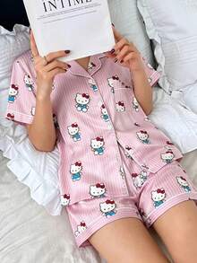Sanrio Hello Kitty 2026 Kate Kitty 絲綢睡衣套裝，短袖前開鈕扣領口蝴蝶結卡通可愛款，前鈕扣口袋對比滾邊 - 粉色 - 查看 6