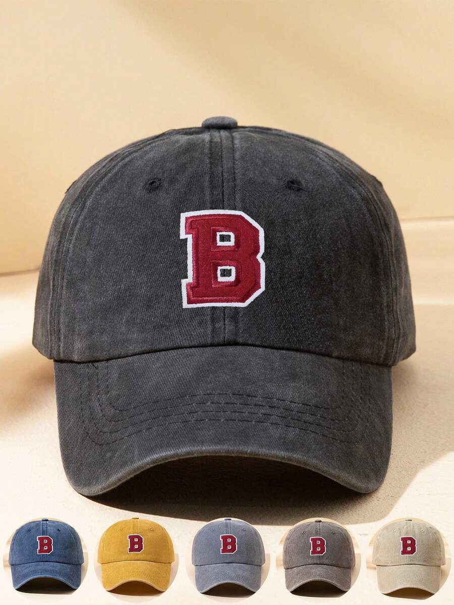 MAKEFGE 1 pieza Gorra de béisbol negra de estilo minimalista retro, cómoda y suave, con bordado de letra B, ajustable, adecuada para uso diario, playa, camping, regalo, verano, vacaciones, festivales, viajes - parche B - Ver 1