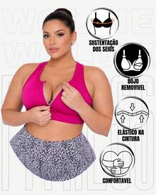 WOLFOC Women's Plus Size Cropped Fitness Top With Zipper And Removable Pads In Suplex Polyester - Hot Pink - View 3