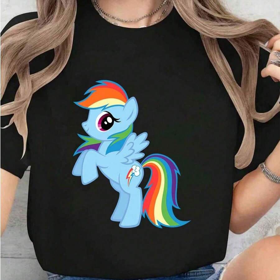 Ladies Round Neck T-Shirt Featuring Rainbow Dash From Designed With A Full Print This Soft And Comfortable Casual Wear I - 黑色 - 查看 1