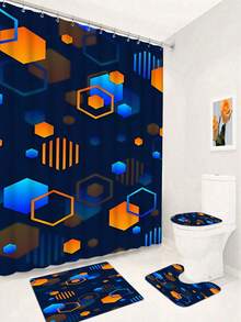 1/4pcs Set Blue Bathroom Accessories, Geometric Pattern Shower Curtain Set, Modern Art Style Shower Curtain With 12 Hooks, Bathroom Rug, Bath Mat And Toilet Mat - A - View 21