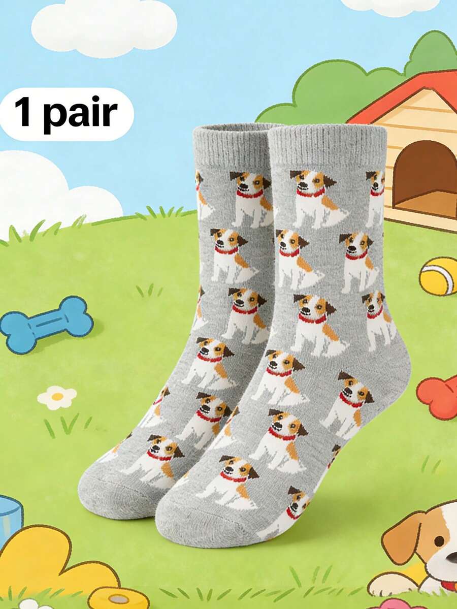 1 đôi tất cổ cao unisex họa tiết chó hoạt hình, thiết kế kiểu cún con dễ thương, thoáng khí và thoải mái, vật dụng cần thiết cho người yêu chó / mặc hàng ngày. - Nhiều màu - Xem 1