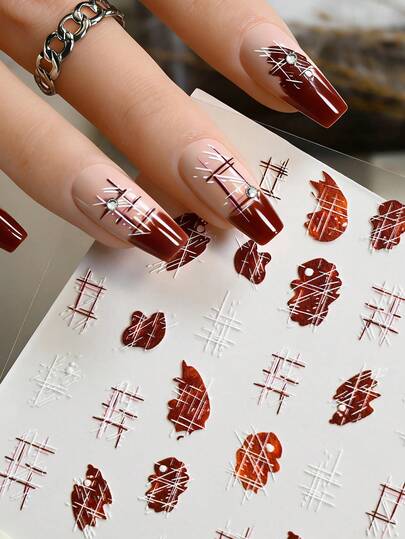 5D Red Wine Nail Stickers, 1 Sheet Y2K Grunge Style Abstract Graffiti Nail Art Decals, Self-Adhesive Line & Heart Pattern Nail Sliders, Waterproof DIY Manicure Stickers For Women, Girls, Daily, Party, Dating, Holiday, Valentine's Day, Nail Decorations