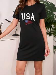 女士柔软短袖睡裙 - 美国国旗图案 | 女士休闲家居服 - 黑色 - 查看 2