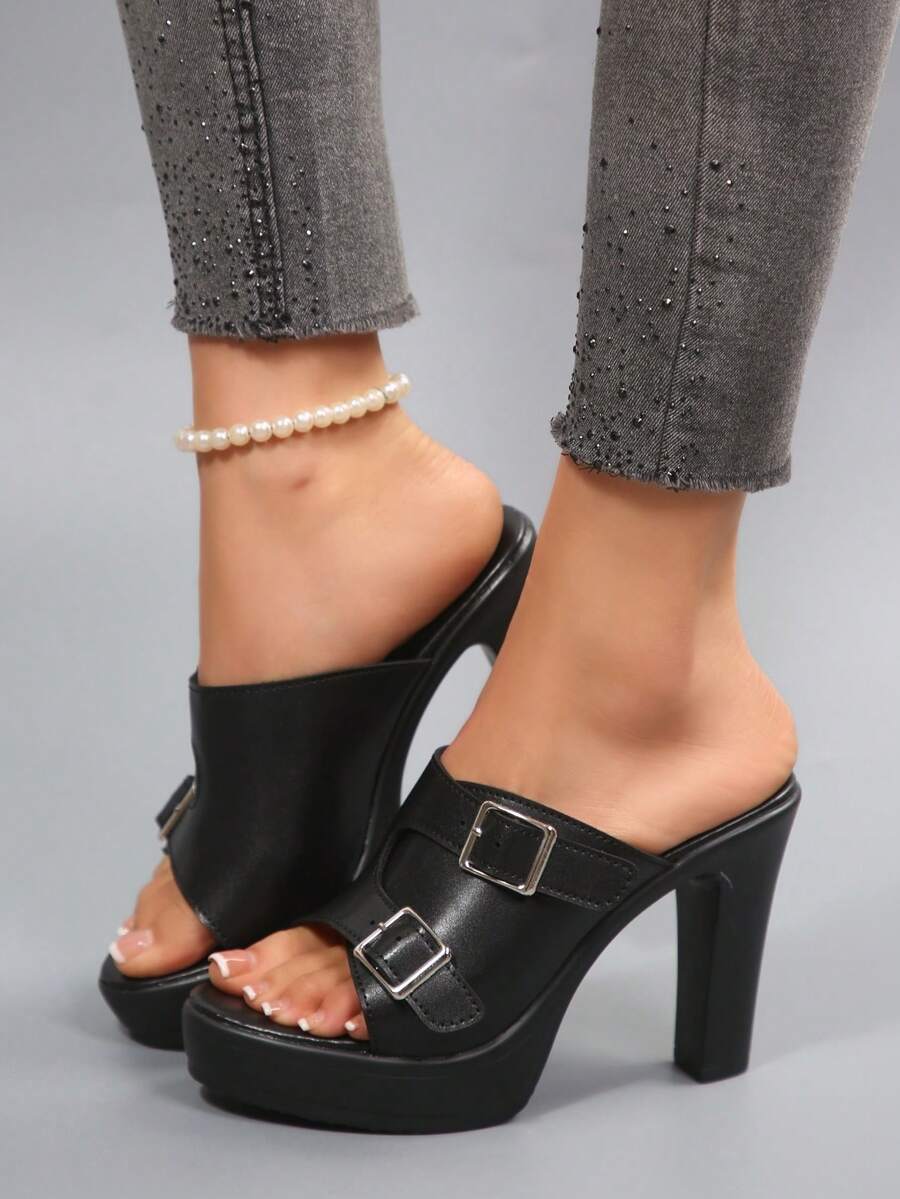 Summer New Black Double Buckle Thick Sole High Heel Slide Sandals, Versatile For Commuting And Dating, Increase Height - Black - View 1