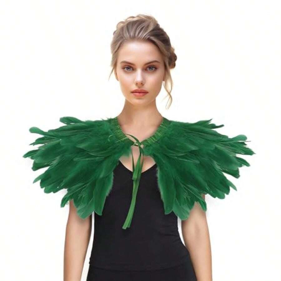 Feather Hawl For Wen - Wan Feather Collar Halloween Crow Cape Witch Cotume Acceorie - Green2 - View 1