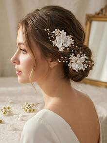 Juego de 3 piezas de elegantes pinzas para el cabello con flores de concha falsa, pinzas laterales con hojas de perlas y strass, accesorios para peinados de novia y dama de honor - Dorado - Ver 5