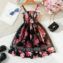 Spring/Summer Girls Casual Cute Elegant Floral Print Sling Mesh Dress - Black - View 1