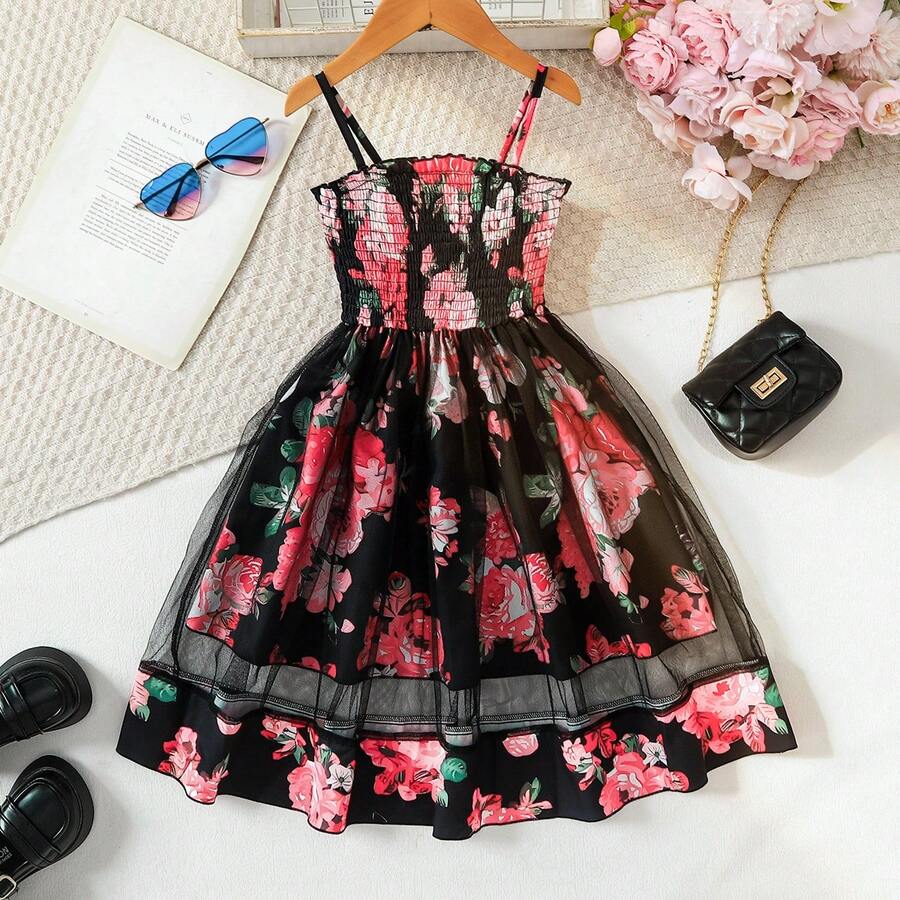 Spring/Summer Girls Casual Cute Elegant Floral Print Sling Mesh Dress - Black - View 1