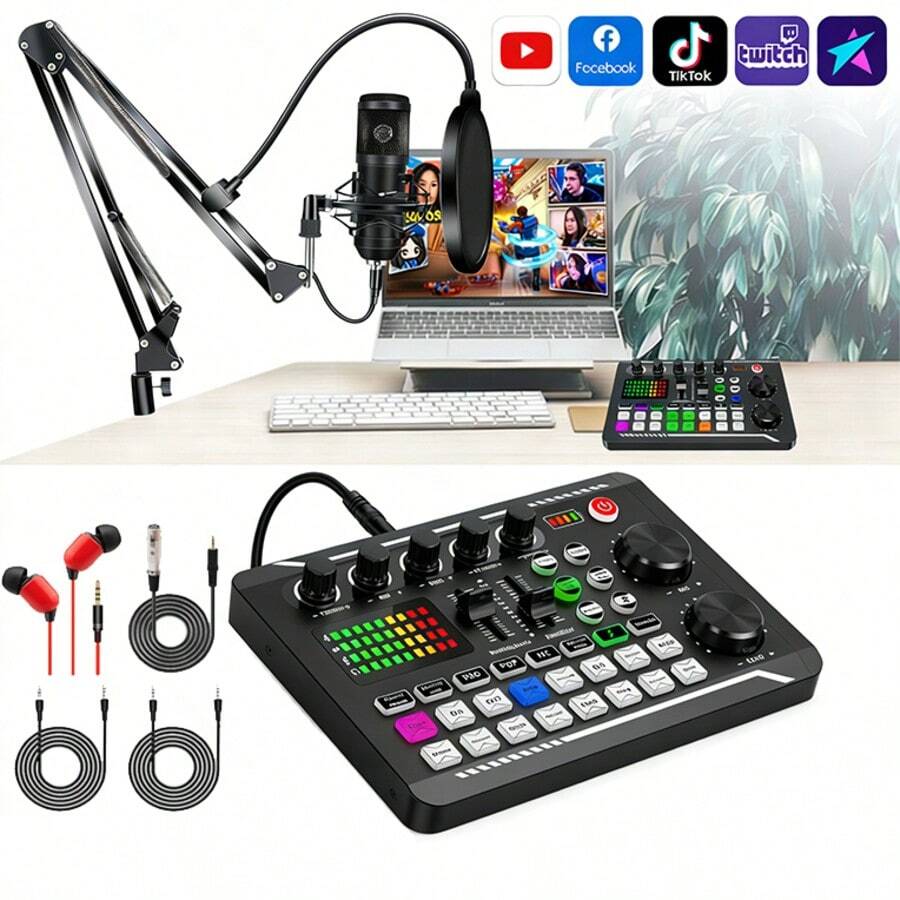 F009 DJ音频混音器套装，含BM800麦克风，专业播客设备音频接口DJ混音器，支持蓝牙、语音转换器、16种音效、降噪功能，适用于直播、播客、游戏、唱歌、卡拉OK等音频应用。 - 查看 1