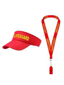 1 Set Summer Lifeguard Costume For Swimming, Surfing, Beach Party, Including Hat And Whistle,Holiday - Red - View 5