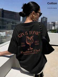 Cute Sexy Women's Cocktail Club Print T-Shirt, Drop Shoulder Short Sleeve Round Neck, Long Length Washed Black Casual Top, Outdoor Y2K Street Style - Black - View 6