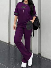 2pcs Women's Spring/Autumn Round Neck Short Sleeve T-Shirt And Elastic Waist Loose Pants Set, Casual Daily Wear Summer - Dark Purple 64 - View 6