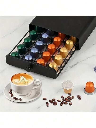 Drawer-Style Coffee Capsule Storage Box, Black Metal Capsule Rack, Large Capacity Countertop Coffee Capsule Organizer, Space-Saving Coffee Capsule Storage Drawer, Durable Coffee Capsule Dispenser Suitable For Kitchen, Office, Coffee Bar, Home, Apartment, Dorm, Breakfast Bar, Cafe, Tea Station