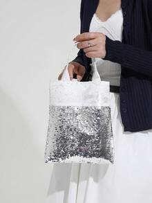 夏季手提包，采用高品质拼接亮片设计，中国风时尚托特包，通勤包 - 白色 - 查看 3
