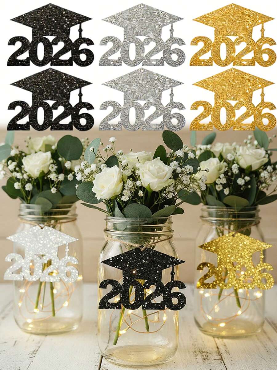 24件套2026毕业季装饰品:金色、银色和黑色。闪亮剪纸装饰品,适用于2026届毕业典礼。毕业帽标签。双面闪光丝带。花瓶和梅森罐装饰——派对装饰用品 - 查看 1
