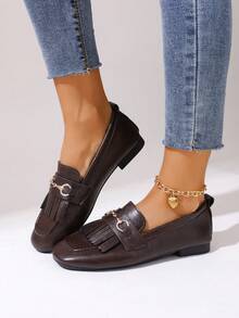 2026 Spring/Summer New Arrival British Style Round Toe Tassel Loafers For Women, Slip-On Outdoor Comfortable Versatile Shallow Leather Shoes - Brown - View 4