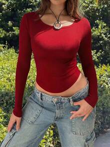 Casual Long Sleeve Crew Neck T-Shirt, American Classic Slim Fit Versatile Top Spring - Burgundy - View 7