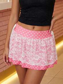 Minifalda de encaje para mujer con tirantes laterales, elegante falda con volantes y estampado de lunares para uso diario en la playa durante el verano. - Rosa - Ver 3