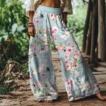 (Free Shipping)Women's Printed Patchwork Floral Plaid Pastoral Style Wide-Leg Elastic Waist Casual Pants;Fall Pants Women;Vacation Outfits Ffor Women - 薄荷藍 - 查看 2