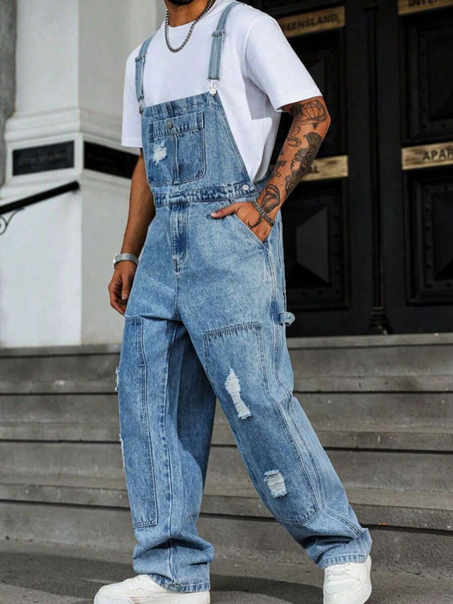Men's Denim Overalls, High Street Ripped Jumpsuit, Workwear Jeans, Suitable For All Seasons - Xanh denim - Xem 1