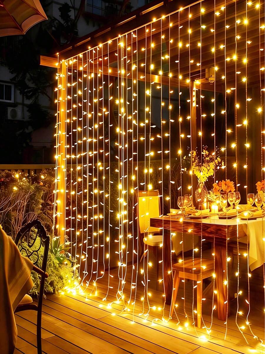 1pc 100/200/300 LED Outdoor Garden Curtain Fairy String Lights, Waterfall LED Light, Battery Box Powered 8 Lighting Modes,Indoor Outdoor Decor For Bedroom, Patio, Gazebo, Fence, Railing, Wedding, Party, Christmas Wall & Holiday Home Ornaments