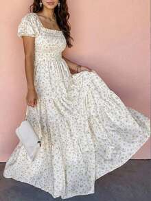 白色荷叶边领口褶皱上身花卉图案长裙，夏季度假优雅 - 白色 - 查看 1