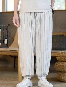 Men's Casual Striped Drawstring Waist Jogger Pants - White - View 2