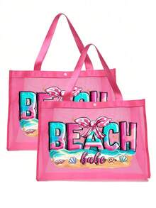 Large Capacity Mesh Bag Set, Beach Pattern Printed Mesh Bag, Mesh Beach Tote Bag, Mesh Cosmetic Storage Bag Summer - Pink - View 14