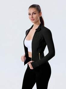 Women's High-Stretch Sculpting BBL Jacket With Thumb Holes Gold Zip Stand Collar Multi-Occasion Activewear Top - 黑/金 - 查看 5