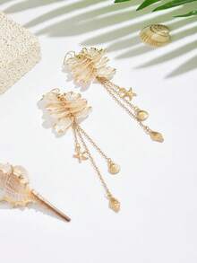1 Pair Summer Beach Vacation Women's Dangle Earrings, Fashion Elegant Bohemian Style Sea Star, Sea Shell, Faux Pearl, Scallop Petal Multi-Pendant Tassel Long Earrings, Daily Casual Niche Jewelry - White - View 4