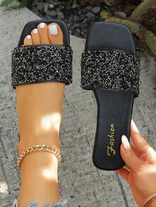 2026 New Flat Slide Sandals/Solid Color, Flat Design, Shiny Vamp, Exquisite Rhinestone Decor, Slip-On Style, Easy To Clean, Elegant & Refined, Fashion Versatile, Suitable For Daily Wear, Shopping, Dating, Vacation, Travel - Black - View 3