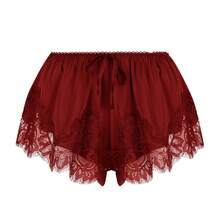 Boho Women's Lace Trim Satin Silk Shorts Shiny Elastic Waist Mini Shorts Pettipants Half Slip Shorts French Knickers Boyshorts For Dresses Full Coverage Underwear Lounge Pants - FJ305-勃根地紅 - 查看 8