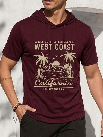 T-shirt à capuche ample à manches courtes avec motif graffiti de paysage de coucher de soleil de la côte ouest, style mode de rue d'été pour hommes