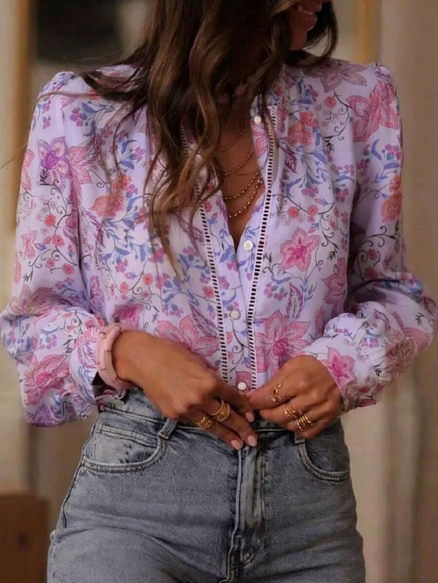 Blusa con estampado floral para mujer, primavera/verano, cardigan casual elegante de manga larga, cuello alto, suelto, versátil para uso diario, commute, vacaciones, tela ligera y cómoda - Púrpura malva - Ver 1